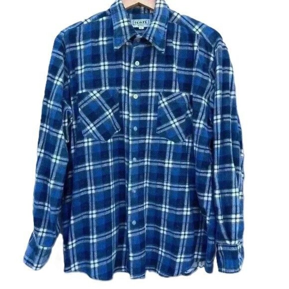Forte Mens Blue Button Up Plaid Shirt Size Large